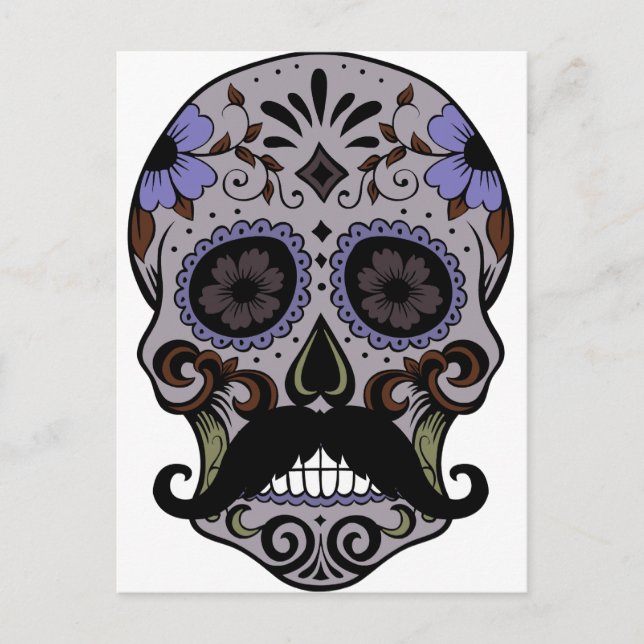 Postal Día de la Calavera del Azúcar Muerto con Mustache (Anverso)