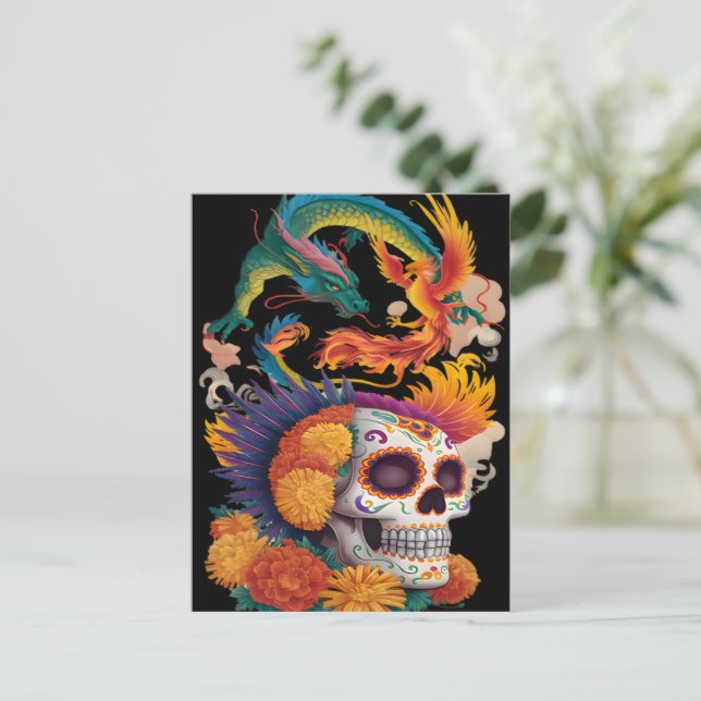 Postal Día De La Calavera Muerta Con Dragón Y Fénix (Anverso de pie)