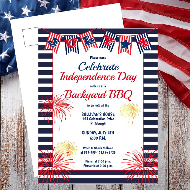 Postal Día de la Independencia 4 de Julio Bunting Backyar (Independence Day July 4th Bunting Backyard BBQ Postcard Invitation)