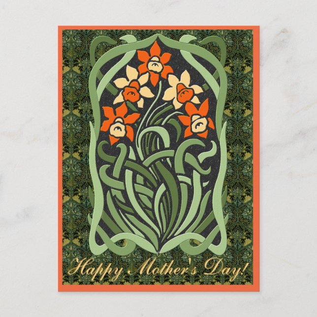 Postal Día de la Madre Art Nouveau Daffodils (personaliza (Anverso)