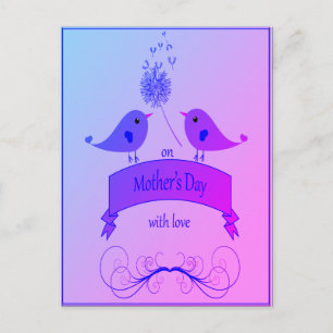 Postal Día de la Madre con Amor y Aves Azules y Púrpura