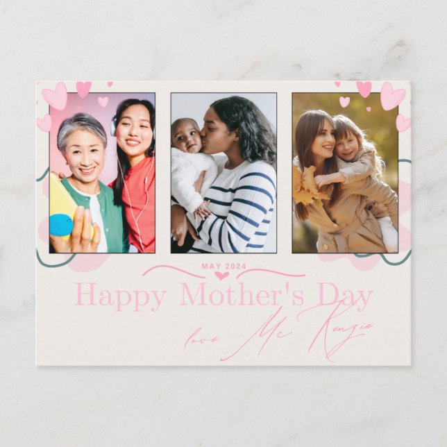 Postal Día de la madre de los corazones rosados (Anverso)