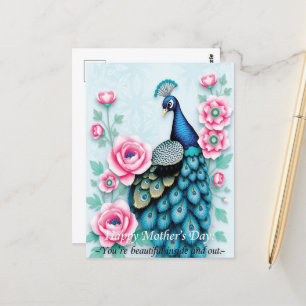 Postal Día de la Madre de pavo real y rosas rosadas