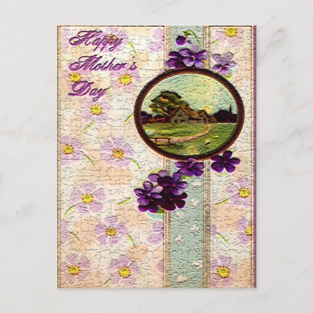 Postal Día de la Madre - Flores moradas, Sol y paisaje (Anverso)
