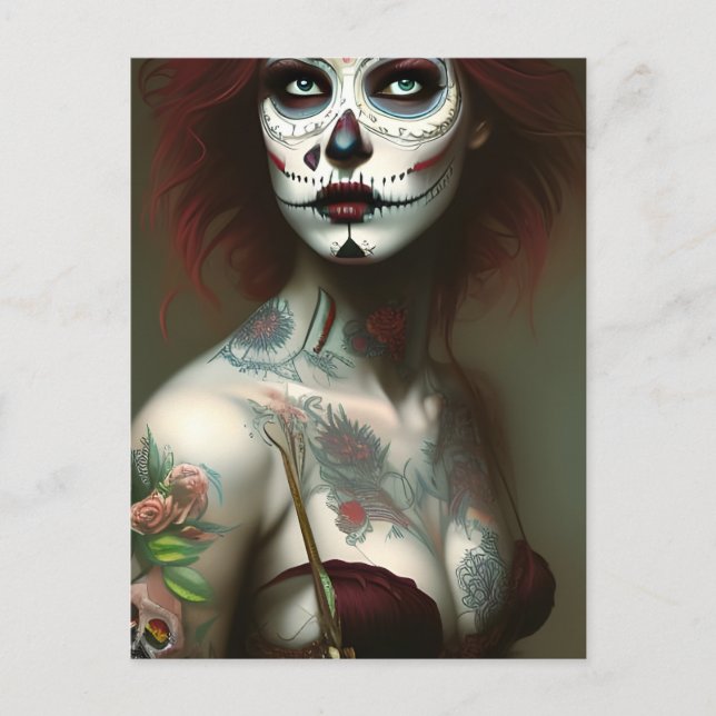 Postal Día de la mujer muerta con tatuajes (Anverso)