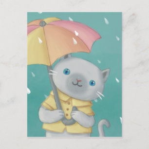 Postal Día de lluvia: Ilustracion de gatos y paraguas