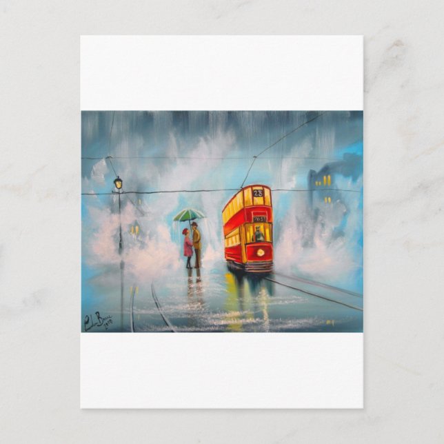 Postal DÍA DE LLUVIA UMBRELLA RED TRAM pareja romántica (Anverso)