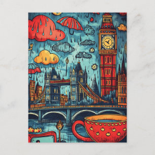 Postal Día de lluvias en Londres, Ilustracion de doodle c