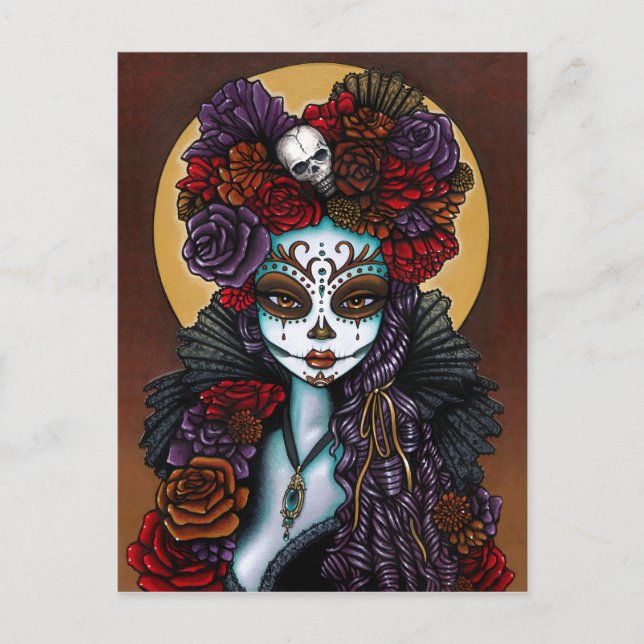 Postal Día de los Muertos Calavera de azúcar Dalia (Anverso)