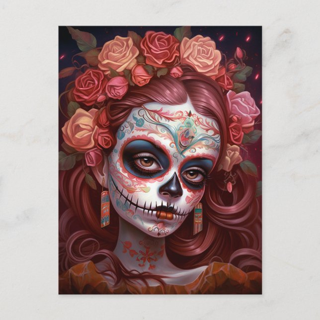 Postal Día De Los Muertos En El Chica De La Calavera Del  (Anverso)