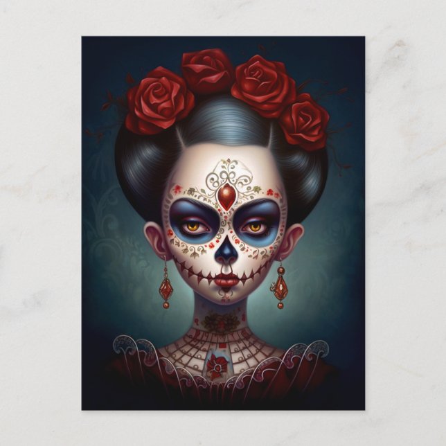 Postal Día De Los Muertos En El Chica De La Calavera Del  (Anverso)