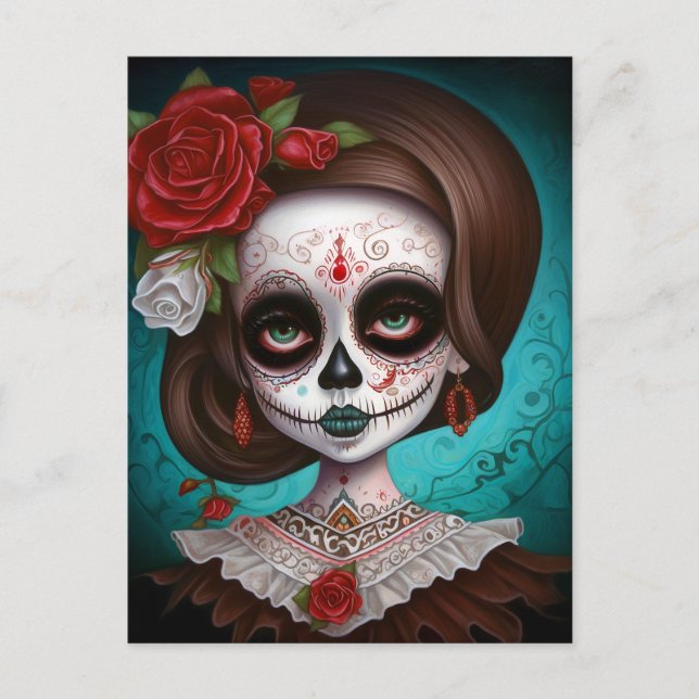 Postal Día De Los Muertos En El Chica De La Calavera Del  (Anverso)