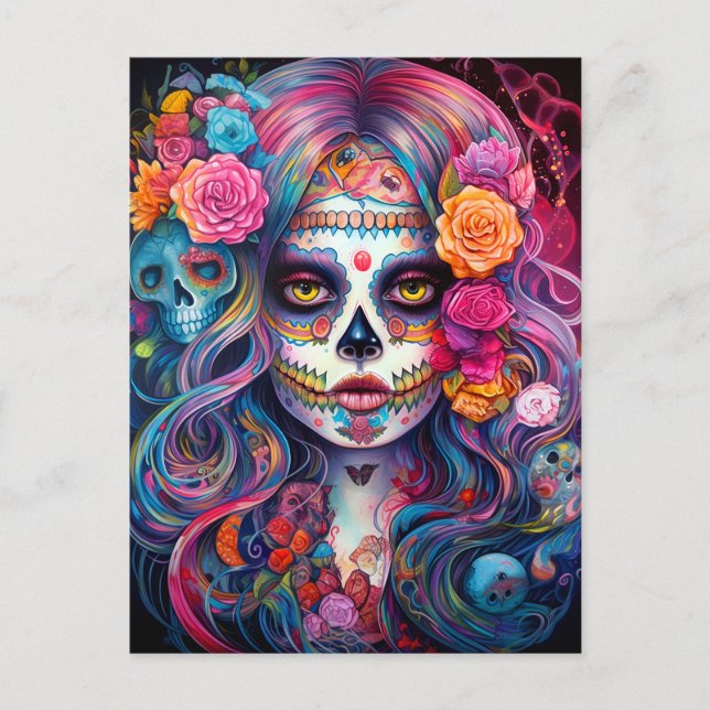 Postal Día De Los Muertos En El Chica De La Calavera Del  (Anverso)