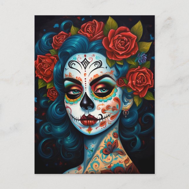 Postal Día De Los Muertos En El Chica De La Calavera Del  (Anverso)