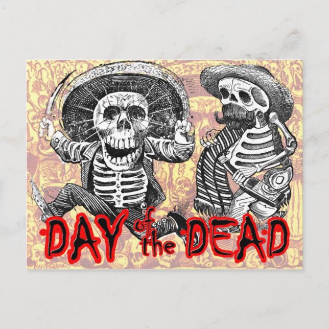 Postal Día de los Muertos - Esqueletos con machete y alco (Anverso)