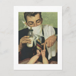 Postal Día de los Padres Vintage con papá cambiando pañal