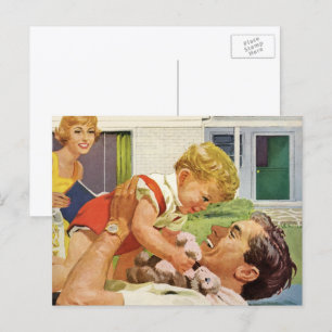 Postal Día de los Padres Vintage, familia feliz en los su