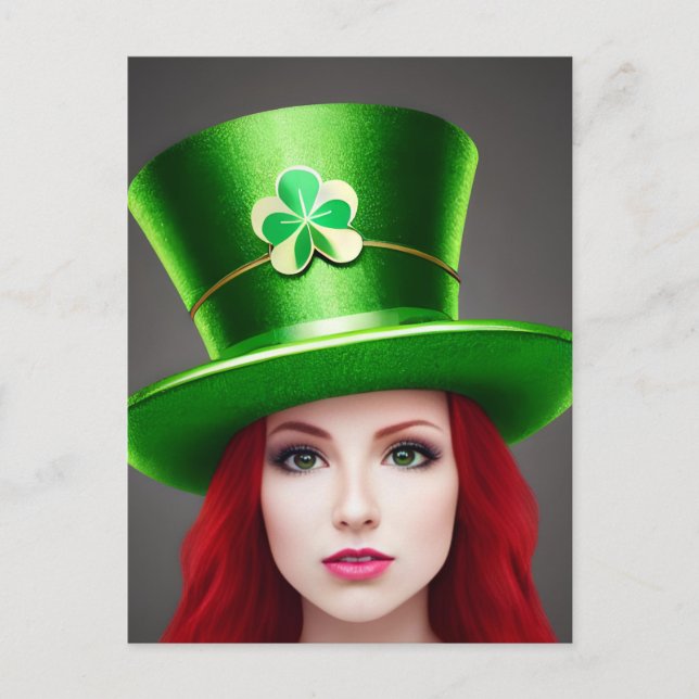 Postal Día de los Patrones Mujer Red Hair Green Tophat (Anverso)