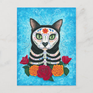 Postal Día de Muertos Gato Calavera de Azúcar Gato Arte T