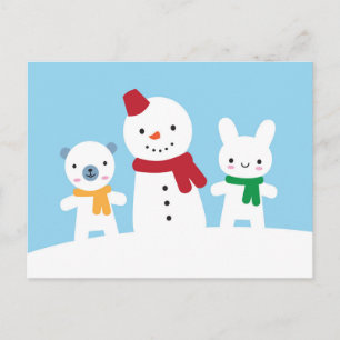 Postal Día de nieve Kawaii con conejo y oso