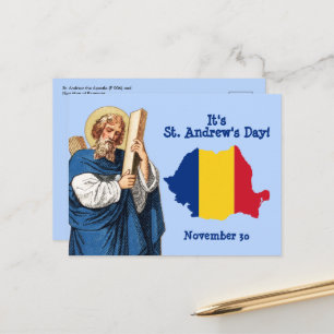 Postal Día de San Andrés y mapa de bandera de Rumania