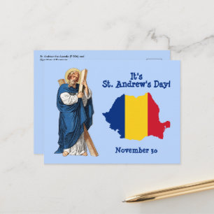 Postal Día de San Andrés y mapa de bandera de Rumania