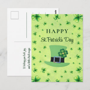 Postal Día de San Patricio Acuarela Trébol en verde