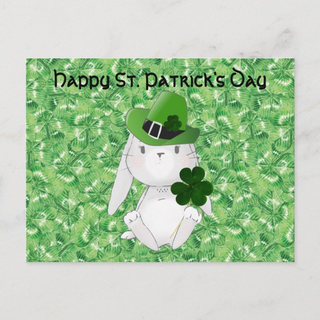 Postal Día de San Patricio con conejo irlandés, shamrock  (Anverso)