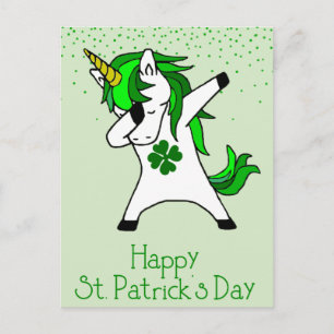 Postal Día de San Patricio Shamrock Dabbing Unicorn Green