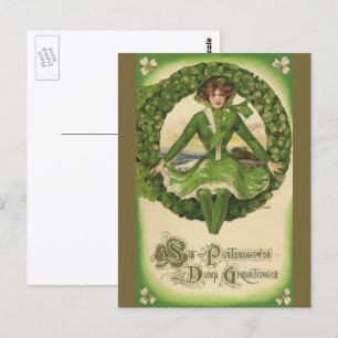 Postal Día de San Patricio vintage, joven irlandesa en un