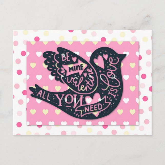 Postal Día de San Valentín Cute Bird Polka Dots (Anverso)