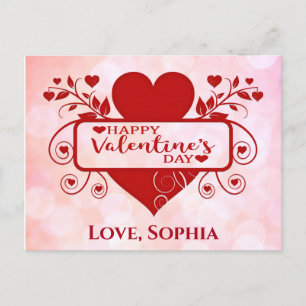 Postal Día de San Valentín Cute Red Pink Heart Add Name