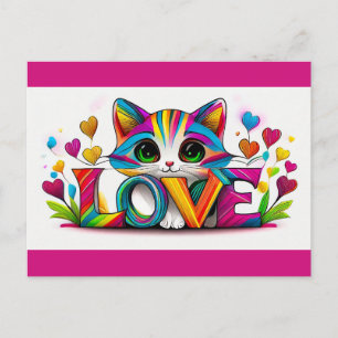 Postal Día de San Valentín Gato Lindo Arcoíris Corazones 
