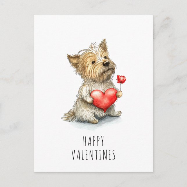 Postal Día de San Valentín Perro Holding Heart Watercolor (Anverso)