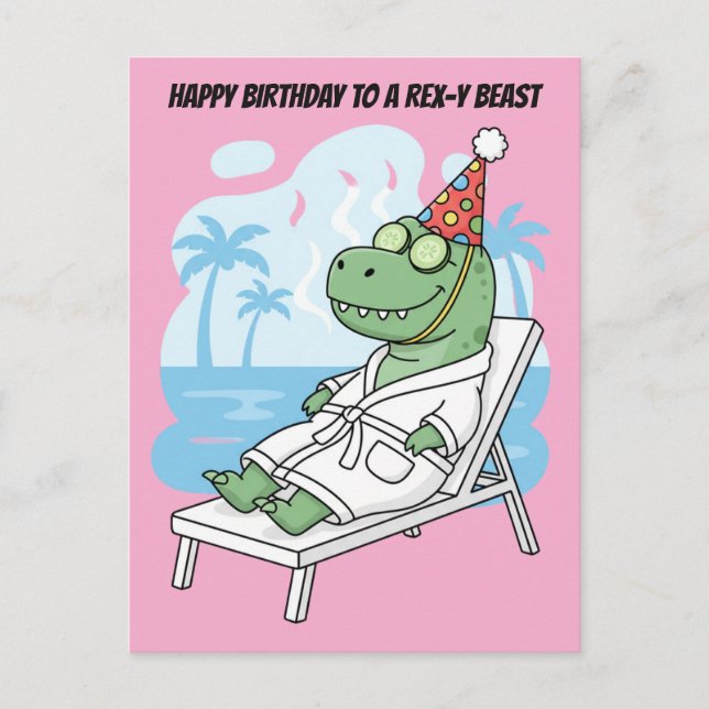 Postal Día de spa del dinosaurio de cumpleaños Rex-y Beas (Anverso)