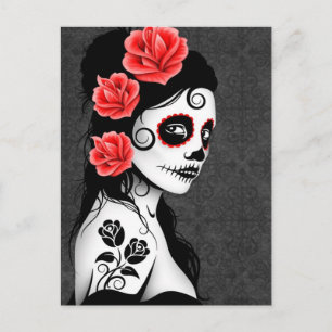 Postal Día del Chica del cráneo de azúcar muerto - Gris