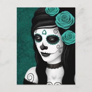 Postal Día del Chica Muerto con Rosas Azules Verde azulad