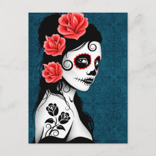 Postal Día del chica muerto del cráneo del azúcar - azul