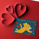 Postal Día del gato personalizado Cupido Valelentine<br><div class="desc">Envíe los saludos del El día de San Valentín de Purrfect con esta postal. Presenta un ilustracion al estilo personalizado de un gato naranja haciendo su mejor suplantación de cupido con algunos detalles festivos del corazón rojo contra un fondo azul oscuro. Está listo para ser personalizado con tu propio mensaje...</div>