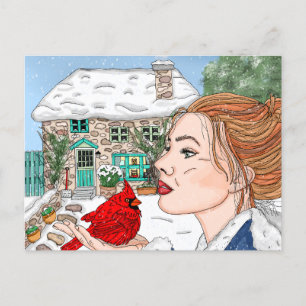 Postal Día del Invierno dibujado a mano, cabaña inglesa