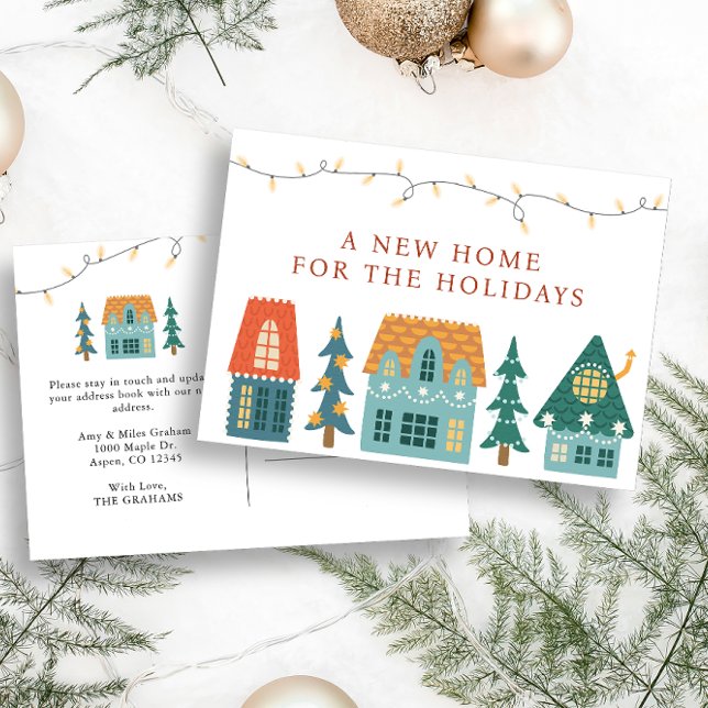 Postal Día festivo de la nueva casa (A New Home For The Holidays Postcard with cute retro houses)