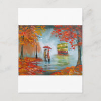 Día lluvioso otoño paraguas rojos tram pintura