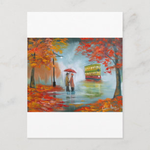 Postal Día lluvioso otoño paraguas rojos tram pintura
