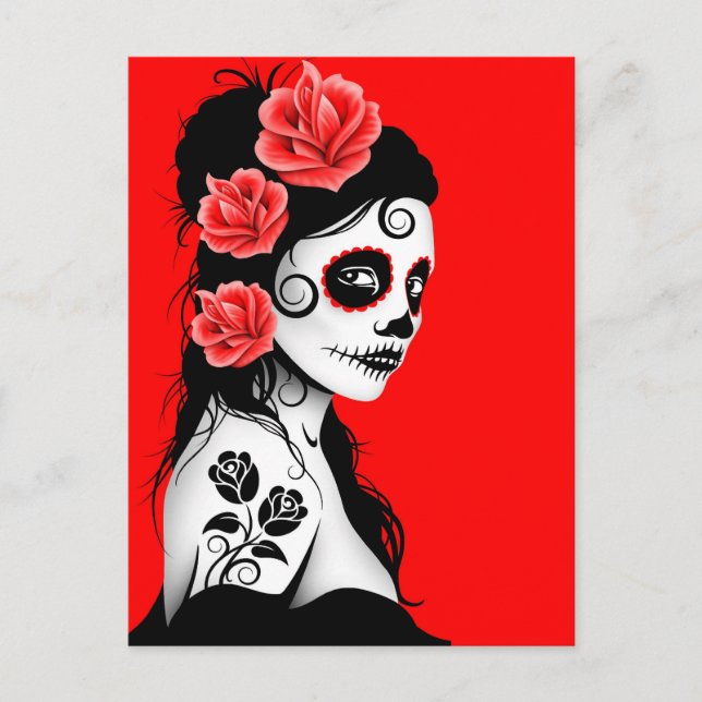 Postal Día Rojo del Chica del cráneo de azúcar muerto (Anverso)