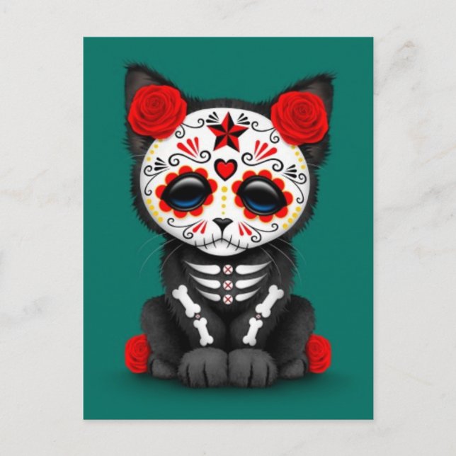 Postal Día rojo lindo del gato gatito muerto, azul verde  (Anverso)