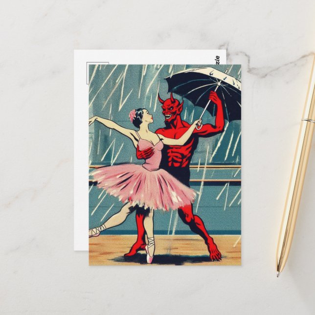 Postal Diablo de arte retro con bailarín de ballet en llu (Anverso/Reverso In Situ)
