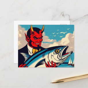 Postal Diablo de arte retro con tunafish en la playa