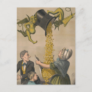 Postal Diablos vertiendo monedas de oro en el delantal de