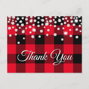 Postal Diamante Brillante Rojo Plaid Búfalo Gracias