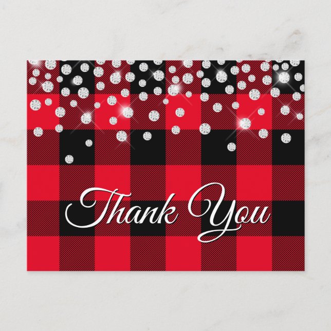 Postal Diamante Brillante Rojo Plaid Búfalo Gracias (Anverso)